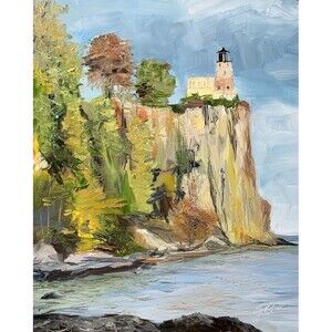 Original Oil Painting Lighthouse Split Rock North Shore Minnesota 8x10" Signed